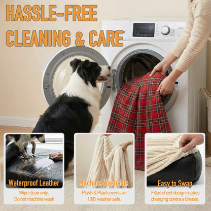 Luxurious 3-in-1 Orthopedic Dog Bed Bundle - Waterproof Leather, Cozy Corduroy, and Festive Holiday Plaid with Thick Memory Foam Support (36"x24")