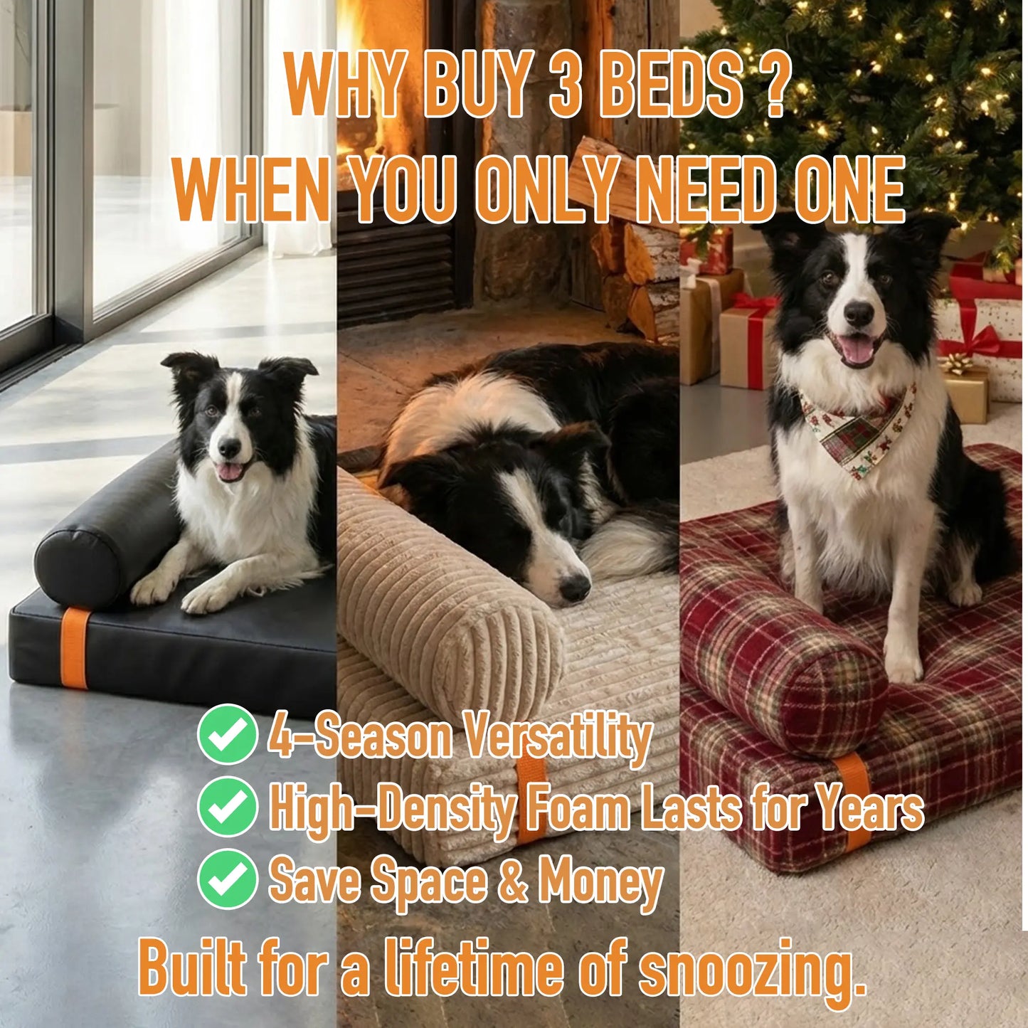 Luxurious 3-in-1 Orthopedic Dog Bed Bundle - Waterproof Leather, Cozy Corduroy, and Festive Holiday Plaid with Thick Memory Foam Support (36"x24")